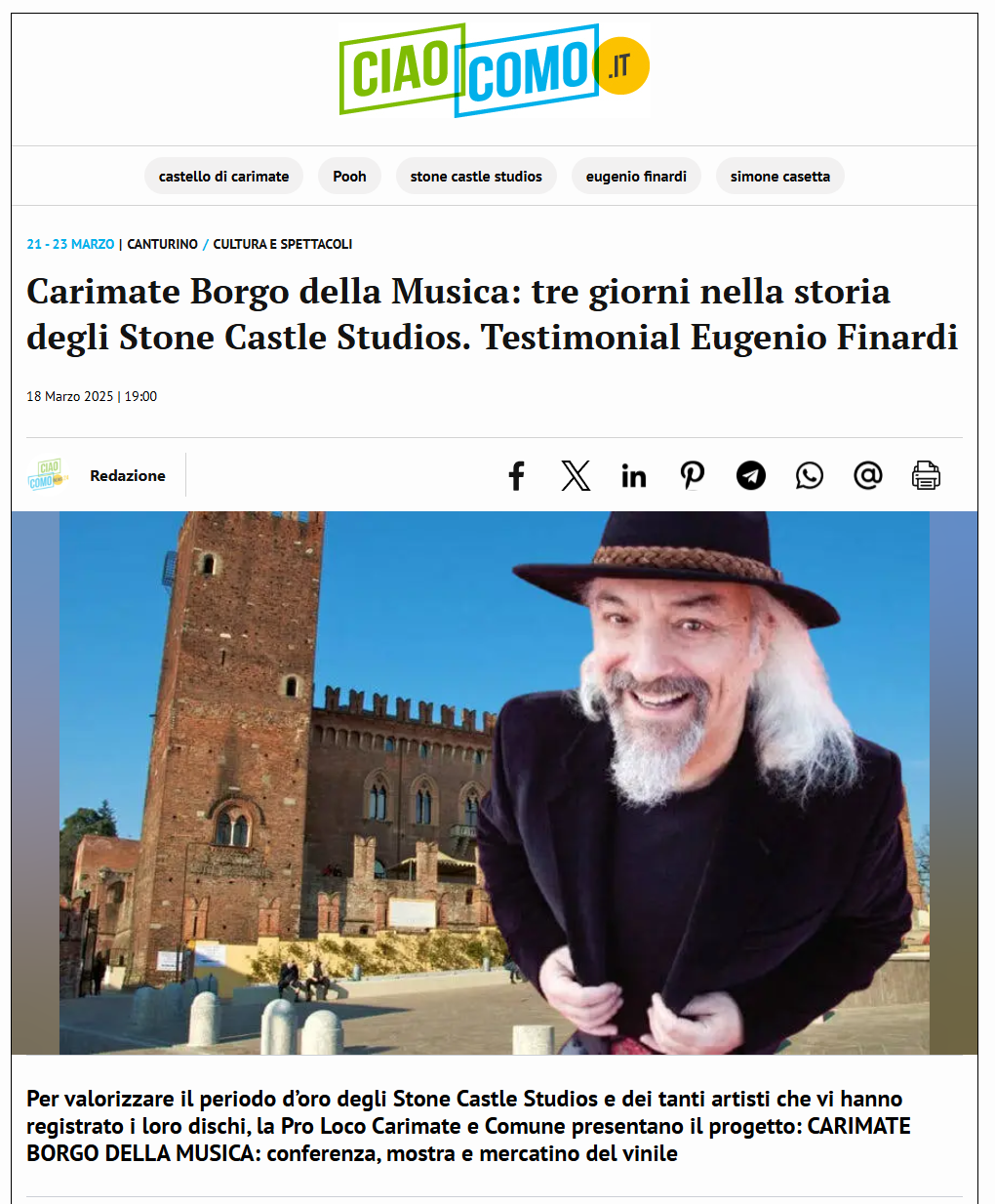 Screenshot articolo CiaoComo - Carimate Borgo della Musica